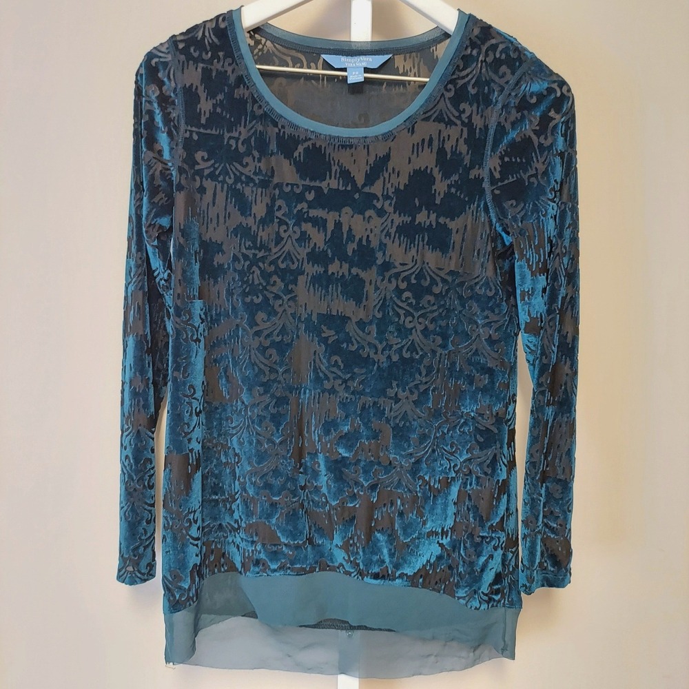 Simply Vera Vera Wang Teal‎ Burnout Velvet Sheer Long Sleeve Top Women's PS